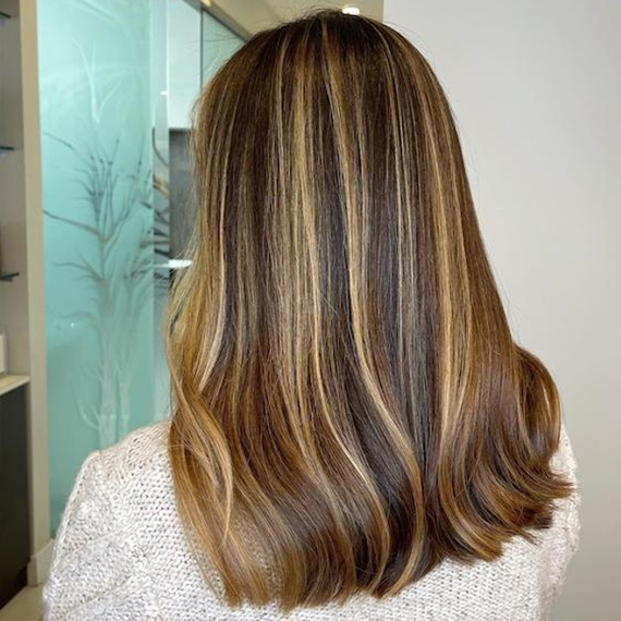 Hinterkopf einer Frau mit braunem Haar und blonden Strähnchen, kreiert mit Wella Professionals.