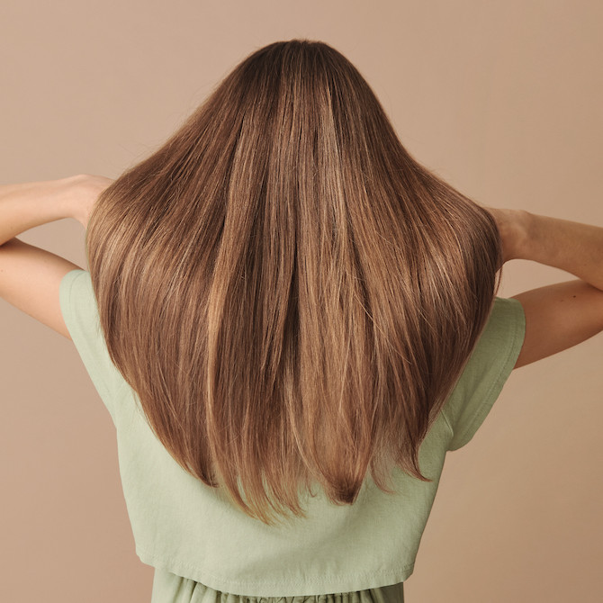 Back of model's head. They use both hands to lift and flick their dark blonde straight hair