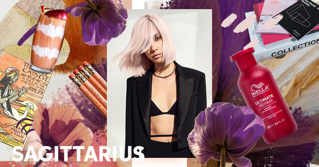 Collage of images representing the Sagittarius zodiac sign centered around a model in a black blazer with pink-blonde hair