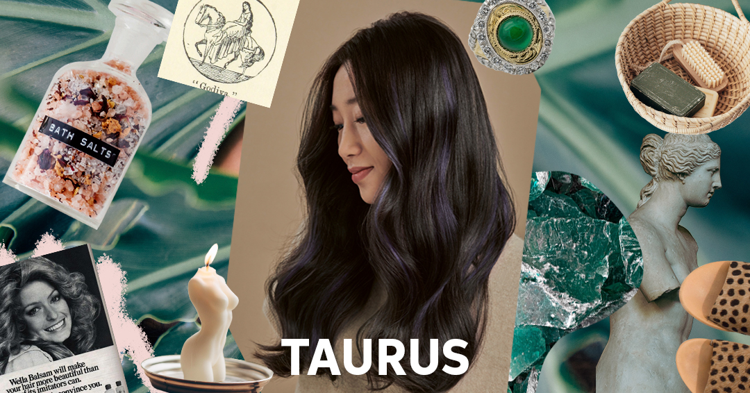 A model with long, dark hair is surrounded by objects that represent the Taurus zodiac sign, including bath salts & a candle