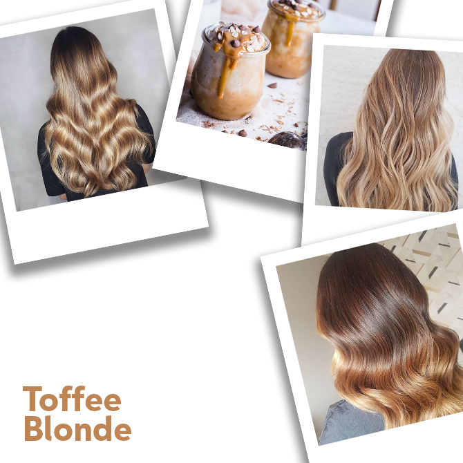Polaroid photo collage of women with toffee blonde hair styled with loose waves