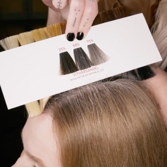 Ein Wella Professionals Colorist, der mithilfe des Farbwählers den Grauanteil der Haare bestimmt.