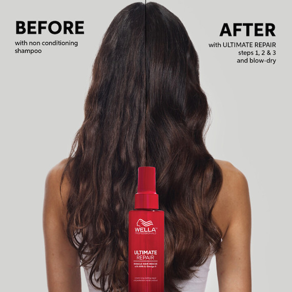 Vorher-Nachher-Ansicht von langem braunem Haar, das mit Ultimate Repair Spülung und Shampoo von Wella Professionals behandelt wurde