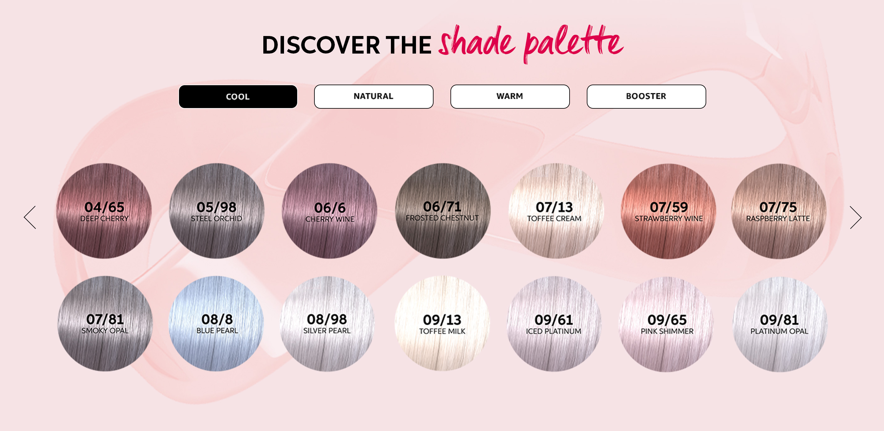 Übersicht der kühlen Töne aus der Wella Shinefinity Glaze-Farbpalette.