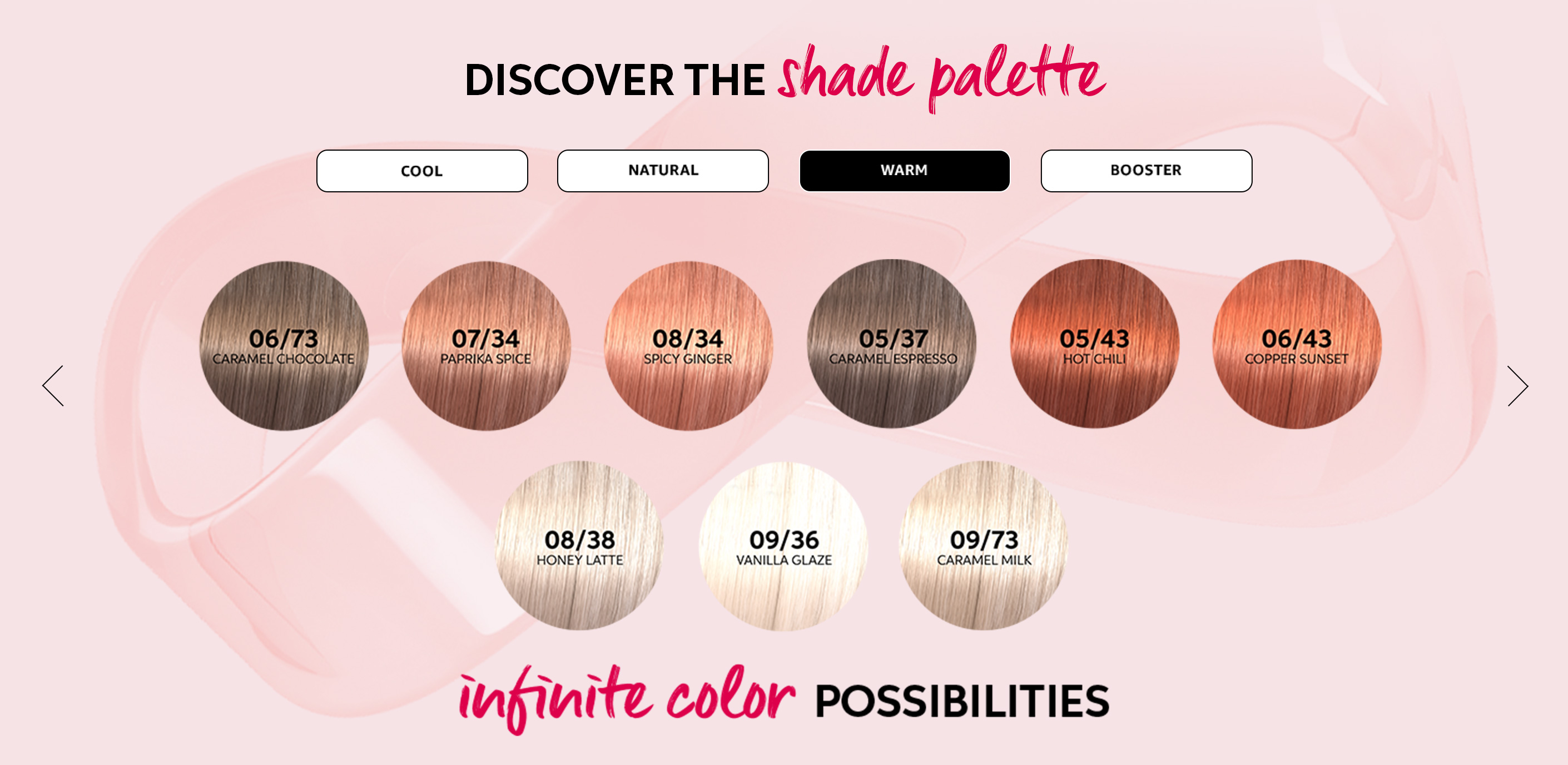 Übersicht der warmen Töne aus der Wella Shinefinity Glaze Farbpalette.