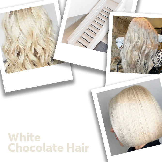 White chocolate hair colour, created using Wella Professionals