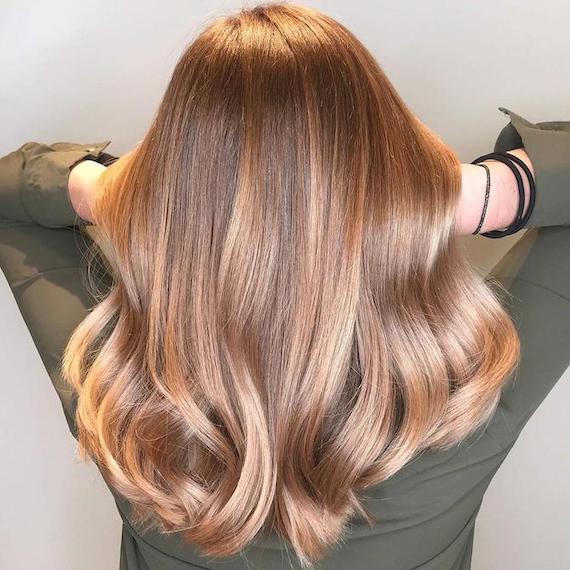 Hinterkopf einer Frau mit langem, glänzendem, braunblondem Balayage-Haar, kreiert mit Wella Professionals.