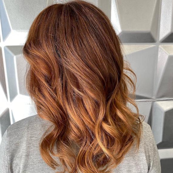 Back of woman’s head with mid-length, light auburn hair and blonde highlights.