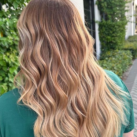 Back of model’s head with long, tousled, blonde balayage hair.