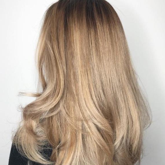 Hinterkopf einer Frau mit langem, glattem Haar und karamellfarbenen Highlights, kreiert mit Wella Professionals.