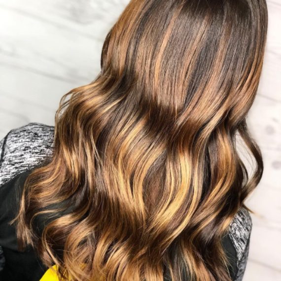 back of woman’s head with long, golden brown hair, created using Wella Professionals