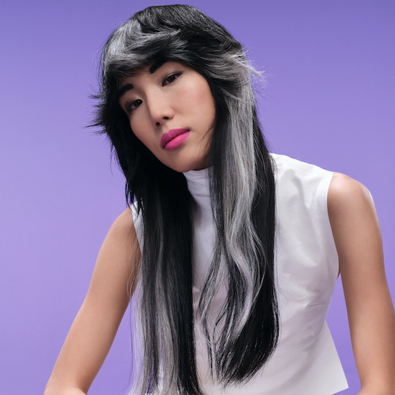 Model with long, straight, black hair and silver gray, chunky highlights looks directly into the camera.