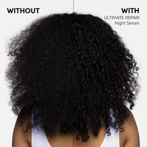 Before and after showing model’s black, curly hair appearing frizz-free and glossy after using ULTIMATE REPAIR Night Serum.