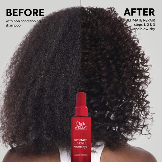 Lockiger Hinterkopf einer Frau, das ein Vorher und Nachher zeigt, davor steht ein Miracle Hair Rescue. Nach der Behandlung sehen die Locken deutlich definierter aus.