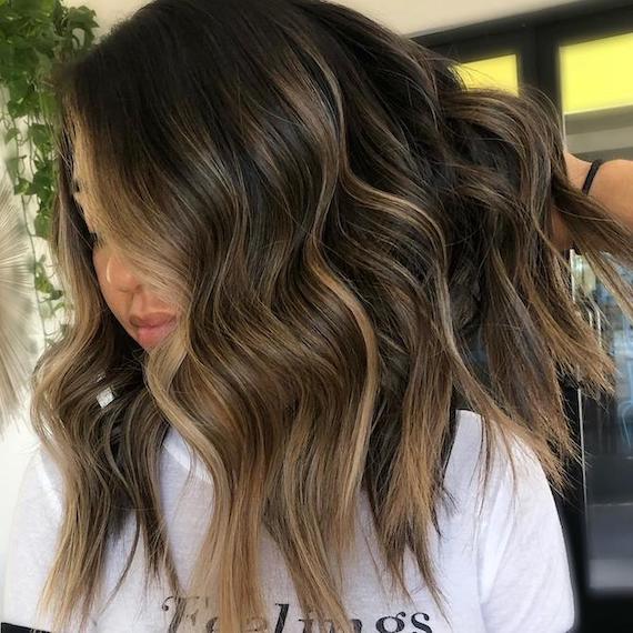 Foto einer Frau mit dunkelbraunem Haar und blonden Highlights, kreiert mit Wella Professionals.