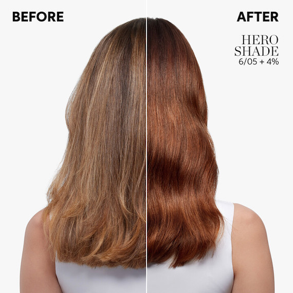 Before and after shows model’s brown hair appearing glossier and more radiant after a Color Touch session.
