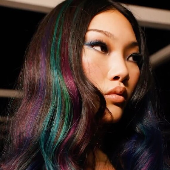 Model with dark brown hair featuring teal and violet highlights.