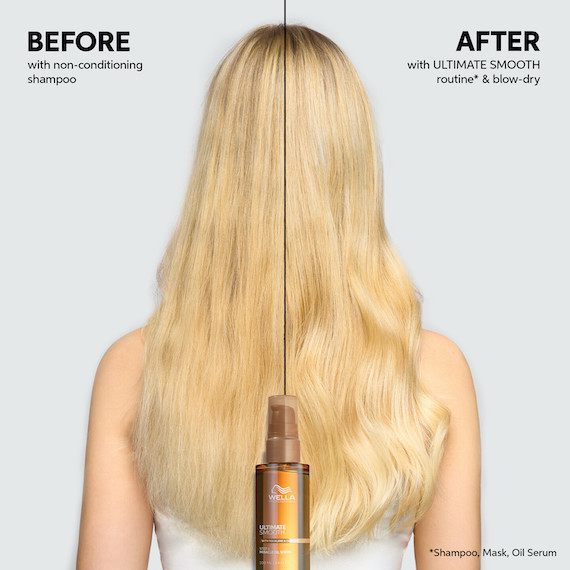 Before and after showing model’s long blonde hair appearing glossier after using ULTIMATE SMOOTH.