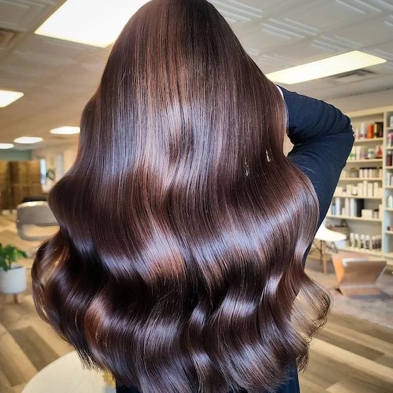 The back of a person's head faces the camera. They have very shiny, long, expensive brunette hair