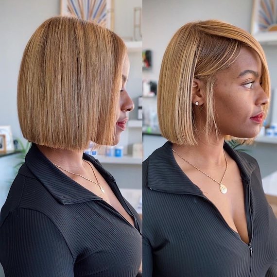 Side profile of model with sleek, straight, strawberry blonde bob haircut.