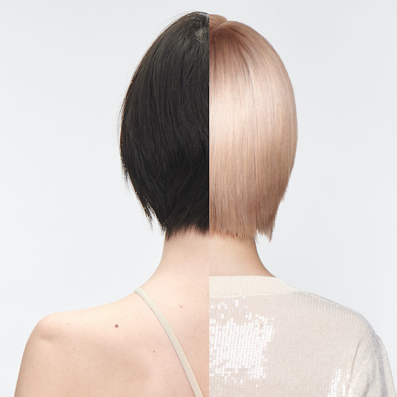 Before and after showing model’s hair transforming from dark brown to light buttery blonde with a glass finish.