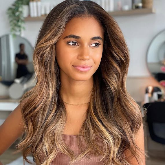Model with long, lustrous, brown hair featuring golden blonde highlights.