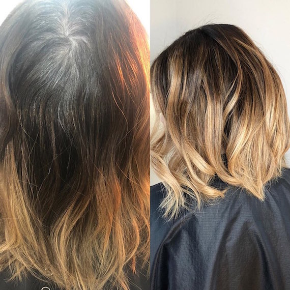 Before and after of dark roots with gray coverage, created using Wella Professionals.