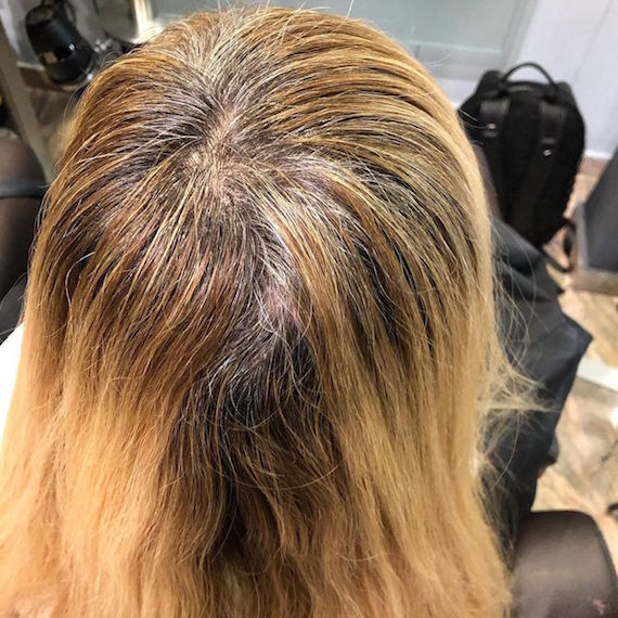 Photo of blonde hair with gray roots.
