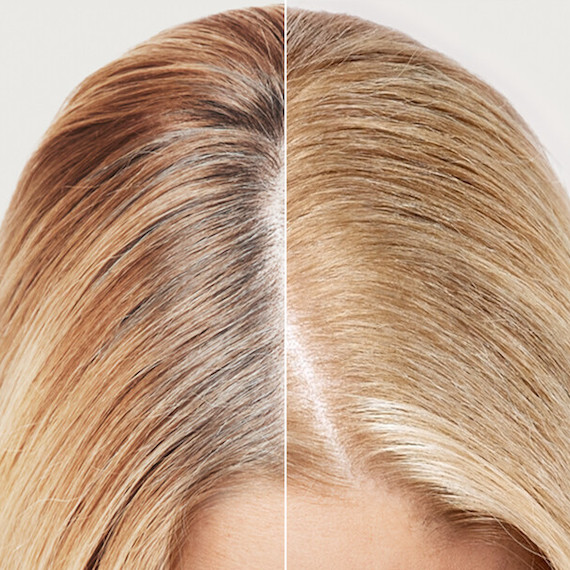 Before and after showing how Color Xpress covers grey roots on blonde highlighted hair.