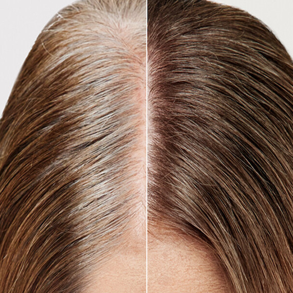 Before and after showing how Color Xpress covers grey roots on brown hair.