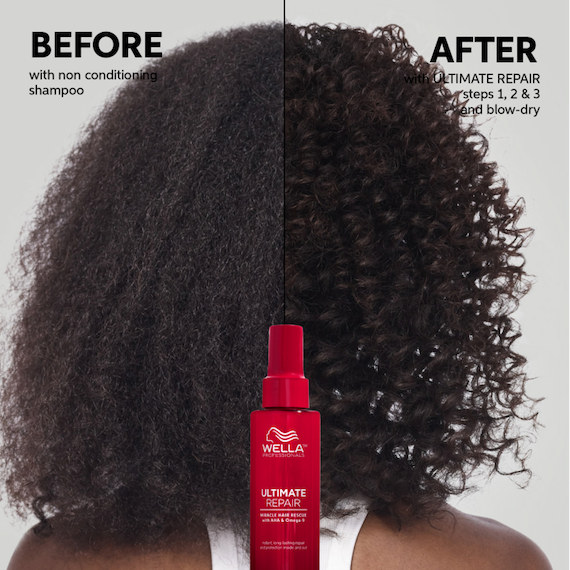 Before and after collage showing the results of Miracle Hair Rescue on curly hair.