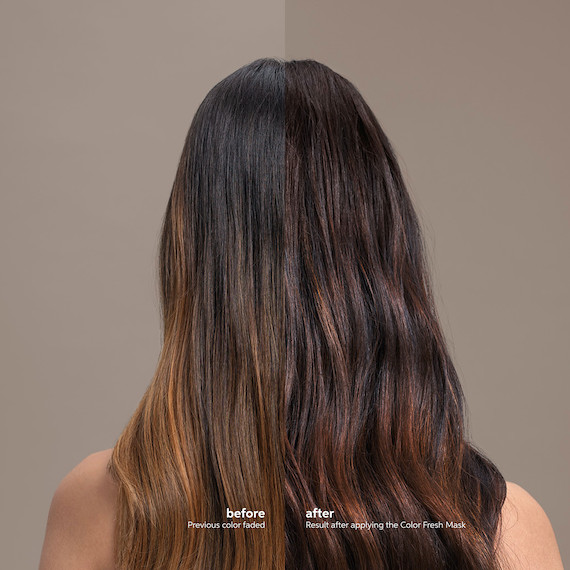 Before and after showing model’s brown hair appearing brighter and fresher after using Color Fresh Mask in Chocolate Touch.