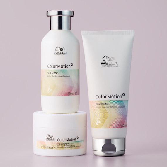 ColorMotion+ Color Protection Shampoo, Moisturising Color Reflection Conditioner and Structure+ Mask appear in front of a mauve background.