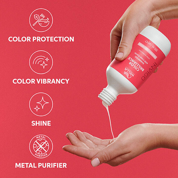 Model pours INVIGO Color Brilliance Shampoo into palm of hand.