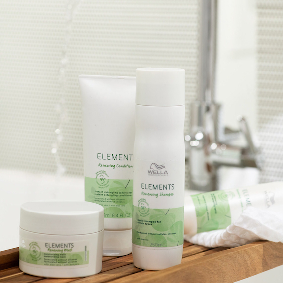Line-up of Wella Professionals Elements haircare products.