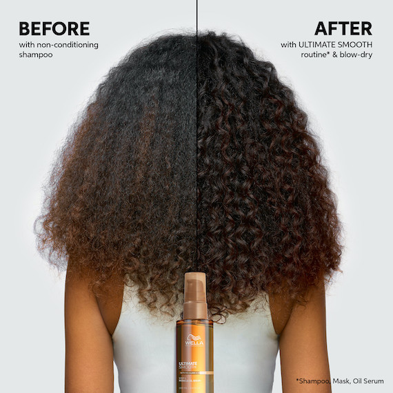 Before and after showing model’s long, curly hair appearing glossier after using ULTIMATE SMOOTH.