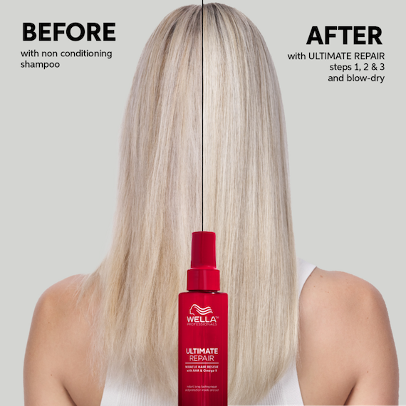 Before and after showing model’s long, straight, blonde hair appearing healthier after using ULTIMATE REPAIR.