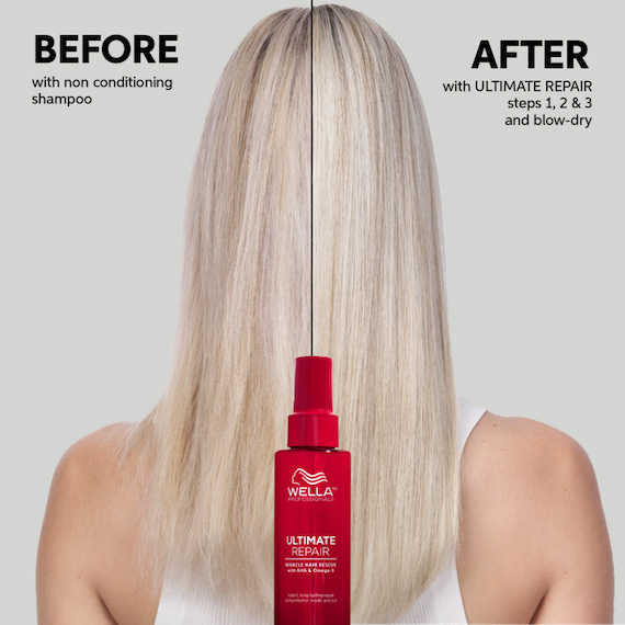 Before and after showing model's long, blonde hair looking healthier after using ULTIMATE REPAIR.