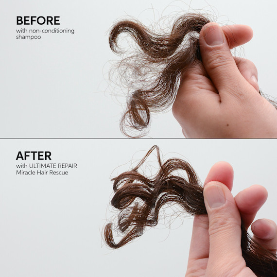 Before and after showing curls close-up, as they appear healthier and more defined after using ULTIMATE REPAIR Miracle Hair Rescue.