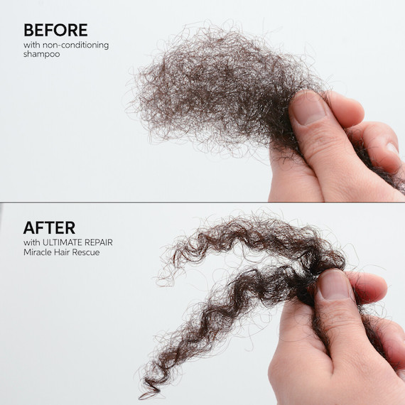 Collage showing curly hair before and after using Miracle Hair Rescue. Curls appear more defined after use.