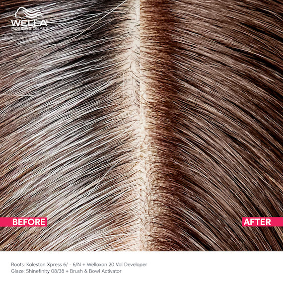 Close-up of roots before and after using Koleston Xpress. In the after image, gray hairs have been covered.