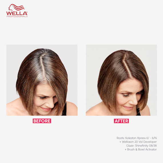 Model’s brown hair before and after using Koleston Xpress. In the after image, gray hairs have been covered.
