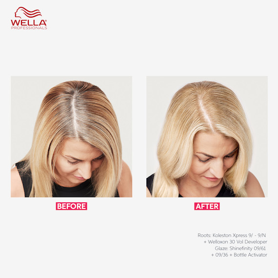 Model’s blonde hair before and after using Koleston Xpress. In the after image, gray hairs have been covered.