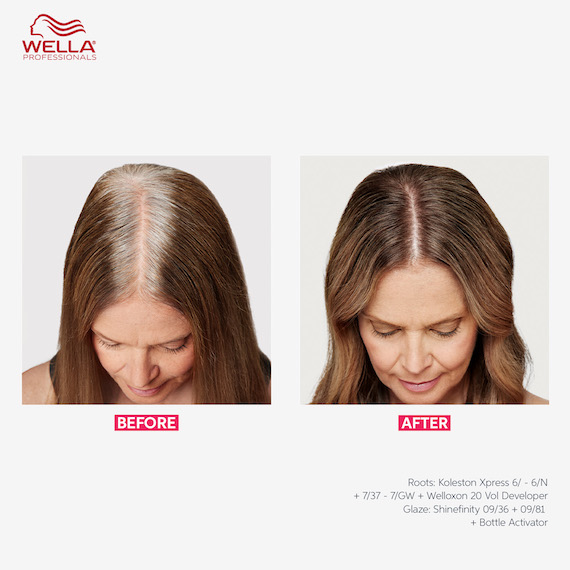 Model’s brown hair before and after using Koleston Xpress. In the after image, gray hairs have been covered.