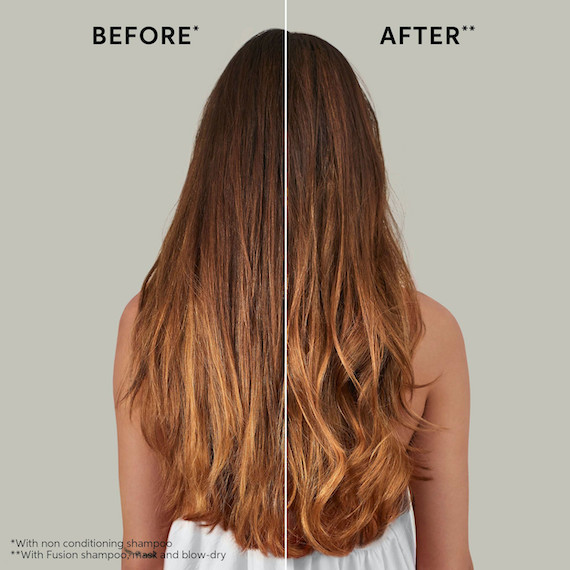Before and after showing model’s long, brown hair appearing stronger and smoother after using Fusion.