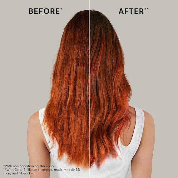 Before and after showing model’s copper red hair looking more vibrant after using INVIGO Color Brilliance.