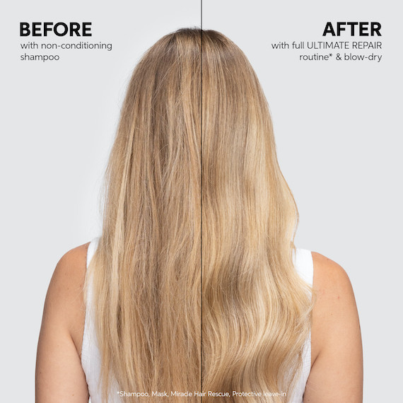 Before and after showing model’s long, blonde hair appearing healthier after using ULTIMATE REPAIR.
