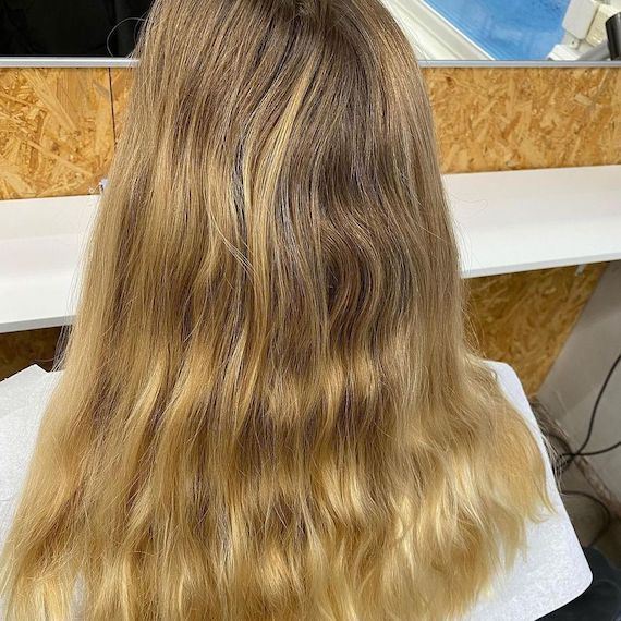 ‘Before’ shot showing model’s golden blonde hair.