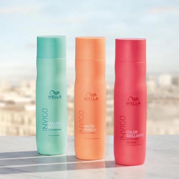 Line-up of Wella Professionals Invigo shampoos.