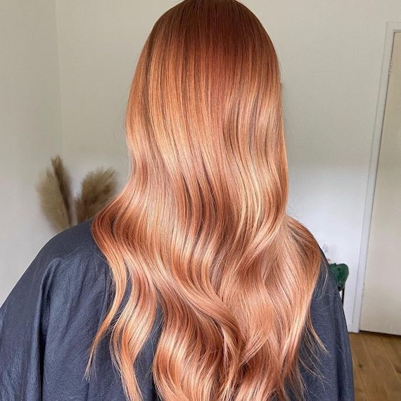 Back of model’s head showing long, glossy, peach blonde hair in a warmer, darker shade.